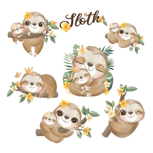 Cute sloth wall stickers with tropical flowers for kids' room and nursery decor