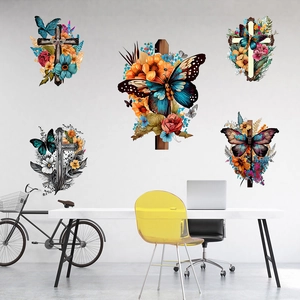 5-piece set of butterfly and cross floral wall decals for living room and bedroom decor