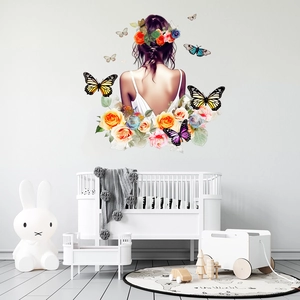 Romantic Floral Butterfly Woman Back Art Wall Sticker Waterproof PVC Mural For Living Room Bedroom Kids Room Home Decor