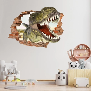 3D T-Rex wall decal crashing through brick wall for kids bedroom interior decor