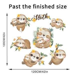 Detail showing the 120cm large size dimensions of cute sloth wall decals for kids room