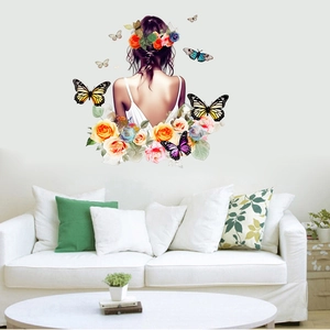 Artistic girl silhouette wall sticker with vibrant flowers and colorful butterflies