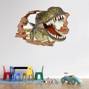 Close-up of 3D dinosaur wall decal showing a T-Rex breaking through a brick wall for kids room