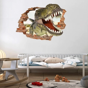 Detailed macro view of 3D dinosaur wall sticker with T-Rex breaking through a brick wall