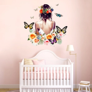 Detail of wall decal showing a girl with flower wreath, pink roses and colorful butterflies
