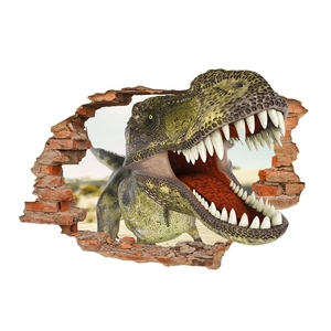 Close-up of 3D dinosaur wall sticker showing detailed T-Rex bursting through a brick wall