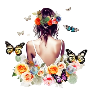 Artistic self-adhesive wall sticker featuring a floral butterfly girl with colorful roses