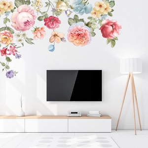Stickers Muraux Modernes en PVC Pivoine et Vigne Florale Imperméable Feuilles Vertes Botaniques Décalcomanie pour Salon Chambre à Coucher