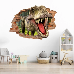 3D T-Rex wall sticker detail showing realistic dinosaur scales and cracked red brick effect