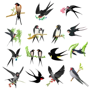 Detailed set of 13 flying swallow wall stickers with green willow and pink flowers