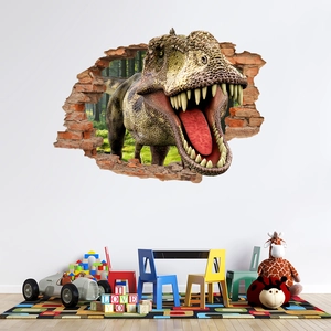 3D T-Rex wall decal crashing through a red brick wall for kids room decor
