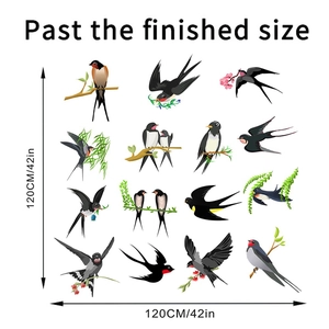 Wall decals showing 16 flying birds and branches with size dimensions 120cm by 42in