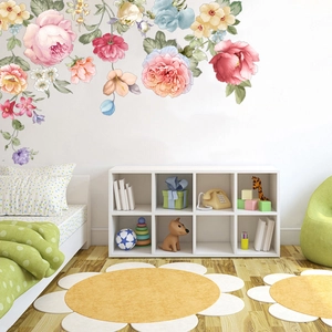 Stickers muraux floraux avec pivoines et feuilles vertes pour décoration intérieure