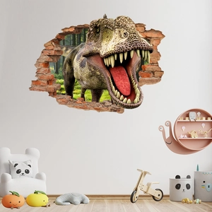 3D dinosaur wall sticker with T-Rex breaking through brick wall for kids room decor