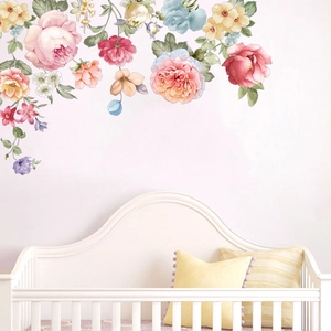 Stickers muraux chambre bébé avec pivoines peintes à la main et feuilles vertes décoratives