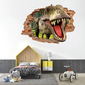 Detail of 3D dinosaur wall sticker breaking through a brick wall for kids bedroom