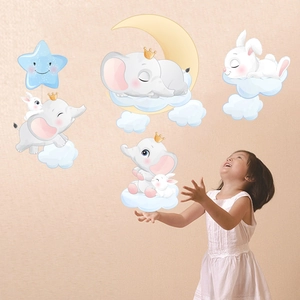 Cute elephant and bunny wall stickers with moon and stars for kids room decor