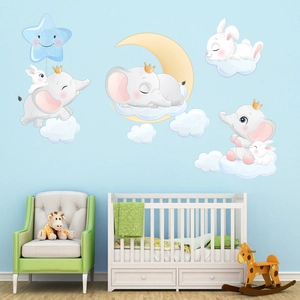 Cartoon elephant and rabbit wall stickers with moon and stars for nursery decor