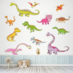 Cartoon dinosaur wall stickers set with colorful T-Rex for kids bedroom decoration