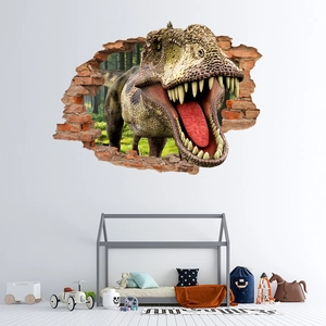 Macro detail of 3D dinosaur wall sticker appearing to break through red brick wall