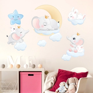 Cartoon elephant and bunny wall stickers with moon and stars for nursery room decor