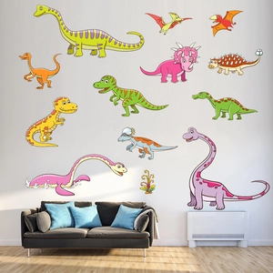 Detailed wall view of colorful cartoon dinosaur stickers for children's room decoration