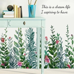 Tropical green leaf wall stickers with pink berries for home entryway decoration