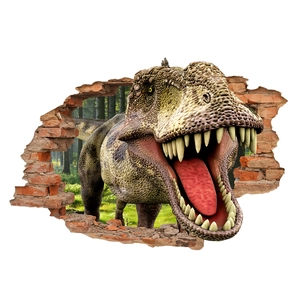 Detail view of 3D T-Rex wall sticker showing realistic skin texture and broken brick effect