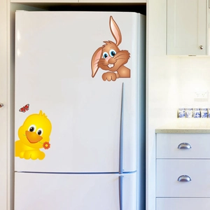 Cartoon bunny and yellow duck wall stickers for kids room decor on white fridge surface
