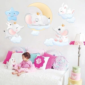 Charming wall decals with elephants, rabbits, and stars for cozy nursery decor