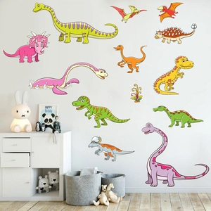 Colorful cartoon dinosaur wall decals set for kids bedroom with T-Rex and Triceratops