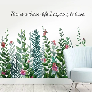 Tropical green leaves and pink berry wall stickers for bedroom aesthetic decoration