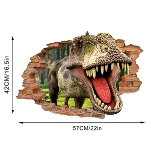 Detail showing 3D T-Rex wall sticker dimensions 42x57cm with broken brick effect