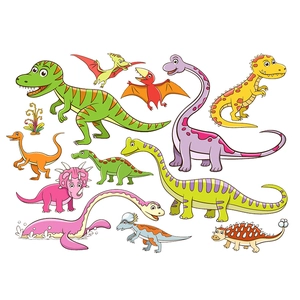 Colorful cartoon dinosaur wall stickers for kids room featuring T-Rex and various species