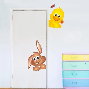 Cartoon rabbit and yellow duck wall stickers for kids room door and nursery decoration