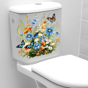 Sticker décoratif pour réservoir de toilette avec fleurs sauvages et papillons