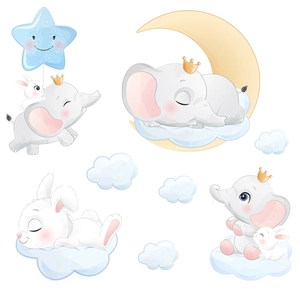 Cute elephant bunny moon and star wall stickers for nursery and kids bedroom decor