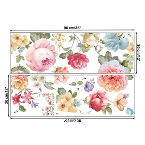 Tableau des tailles détaillé pour stickers muraux fleurs pivoines et feuilles vertes
