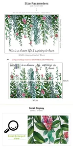 Detail showing tropical green leaf wall decals with red berries and size specifications