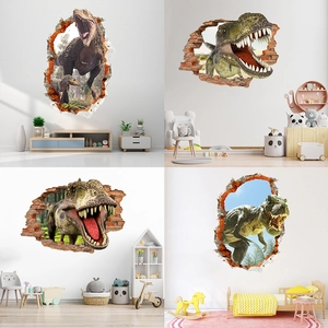 3D Broken Wall Dinosaur Wall Sticker T-Rex Realistic Animal PVC Self Adhesive Decal For Kids Room Living Room Decor