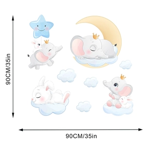 Detailed set of cute elephant, rabbit, moon and star wall stickers measuring 90cm by 90cm