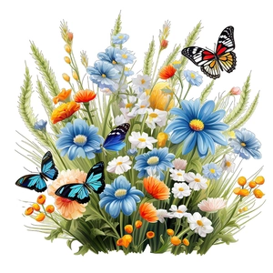 Détails de stickers muraux floraux avec fleurs sauvages et papillons bleus sur blanc