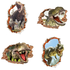 3D dinosaur wall decals set with realistic broken wall visual effect for room decor