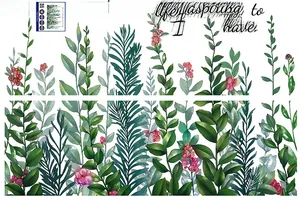 Detail of green leaf wall stickers with red berries and cursive artistic script text