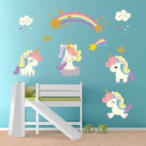 Stickers Muraux Licorne Arc-en-ciel Dessin Animé Imperméable PVC Amovible DIY Décalcomanies pour Chambre d'Enfant Décoration