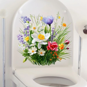 Détail d'autocollant floral réaliste avec marguerites et lavande sur abattant de WC