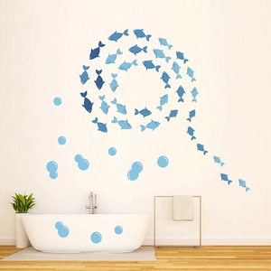 Self-adhesive blue fish and bubble wall stickers for modern bathroom or kids room decor
