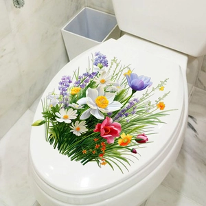 Sticker adhésif pour salle de bain avec marguerites et lavande sur abattant de WC blanc