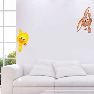 Cartoon rabbit and yellow duck wall stickers for kids room decor in cozy living room