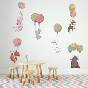 Cartoon animal wall decals with hot air balloons for kids room nursery wall decor